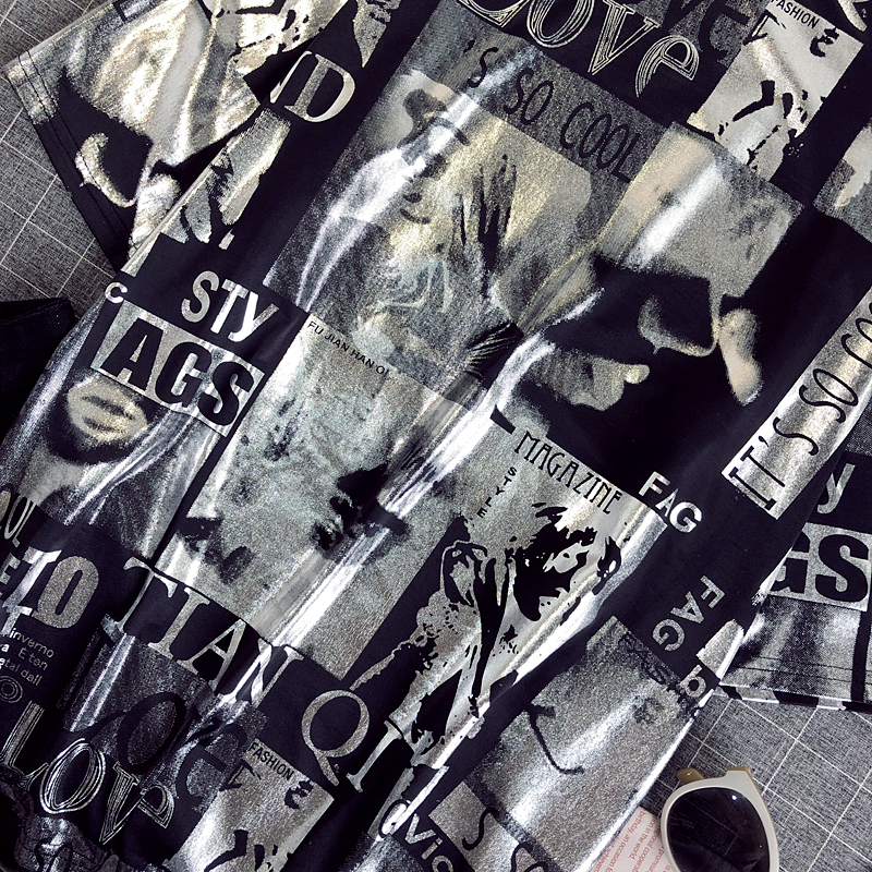 T-shirt Women Shiny Letters Silver Print Short Sleeve O-neck Fashion Oversized Casual Summer Femme T shirt Women Tops CC302 210306