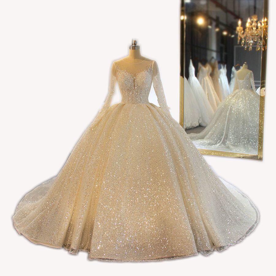 Sparkling Ball Gown Wedding Dresses Sheer Jewel Neck Appliqued Sequins Long Sleeves Lace Bridal Gowns Custom Made Abiti Da Sposa Dress 0431
