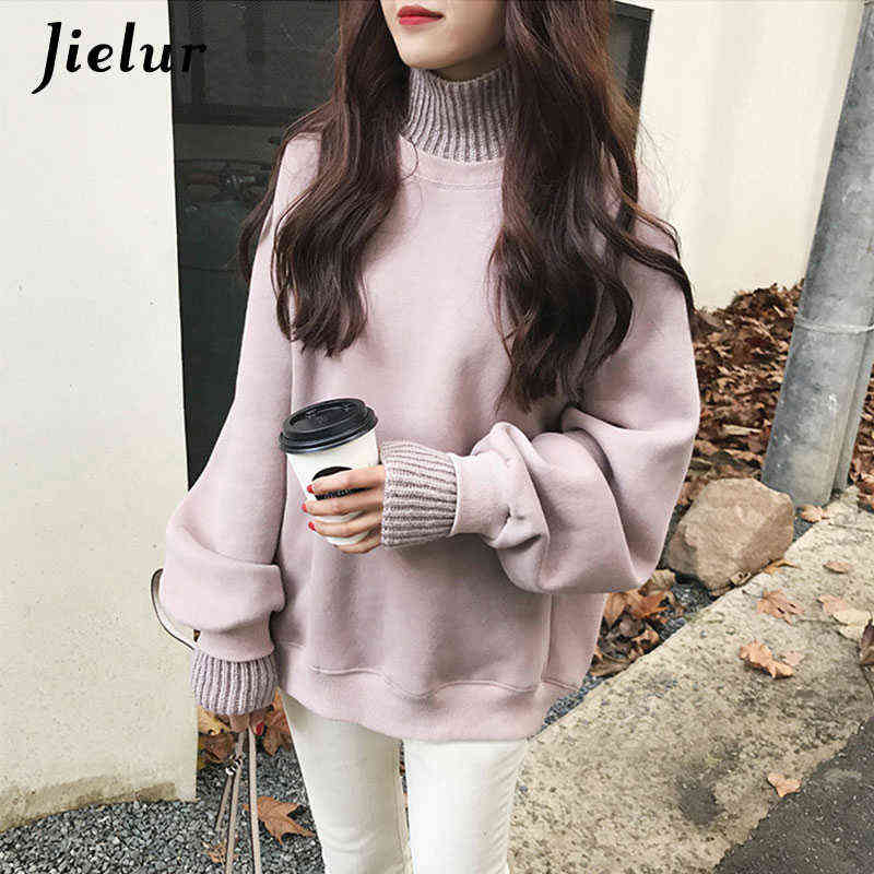 Jielur Korean Style Oversized Hoodies Female Winter False Two Pieces Turtleneck Women's Sweatshirt Loose Thick Fleece Pullovers 211109