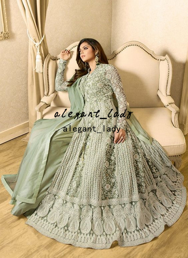 mint green Pakistani prom Dress Embroidery Anarkali Gown lace applique long sleeve caftan kaftan Bollywood Party evening gown