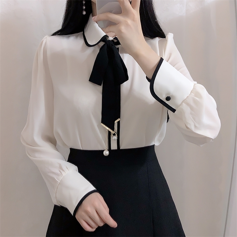 New stitching chiffon blouse korean casual clothing women tops fashion long sleeve chiffon shirt 210225