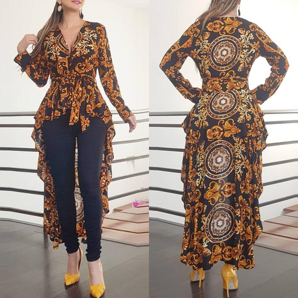 Fall Women Elegant Blusas Boho Vintage V-Neck Long Top Female Stylish Casual Shirt Baroque Print Long Sleeve Hem Blouse D30 210225
