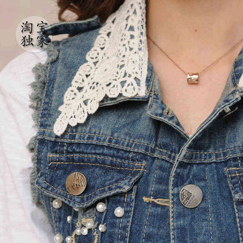Korean Lace Turn-down Collar Women's Denim Vest Fashion Beaded Slim Jeans Waistcoat Female Plus Size Sleeveless Jacket Cardigan 211120