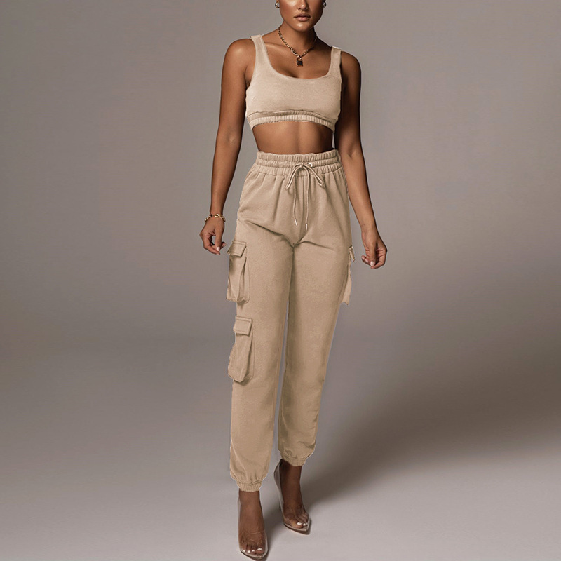 Women Tracksuit Sexy Crop Tops Sweatpants Casual Tank Tops Pocket Pants Pullover Elastic Trousers Sportwear Streetwear Outfits 210304