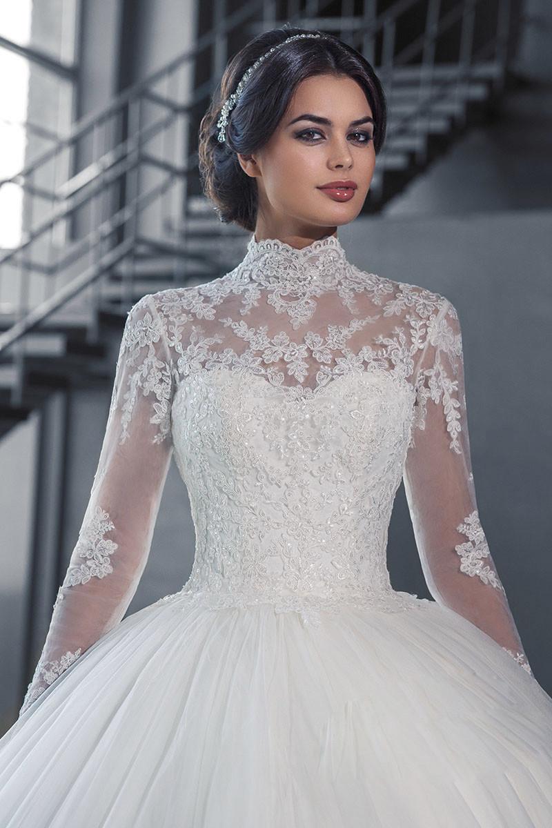 Sheer High Collar Lace Long Sleeves Ball Gown Wedding Dresses Formal A E Gowns Princess Illusion Appliques Bridal Country Vestidoe De Noiva 0227Lz