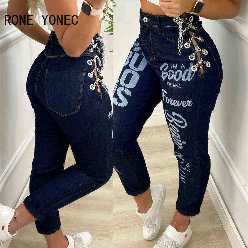 Women Solid Casual Letter Pattern Metal Decoration Skinny Denim Cropped Jeans 211129