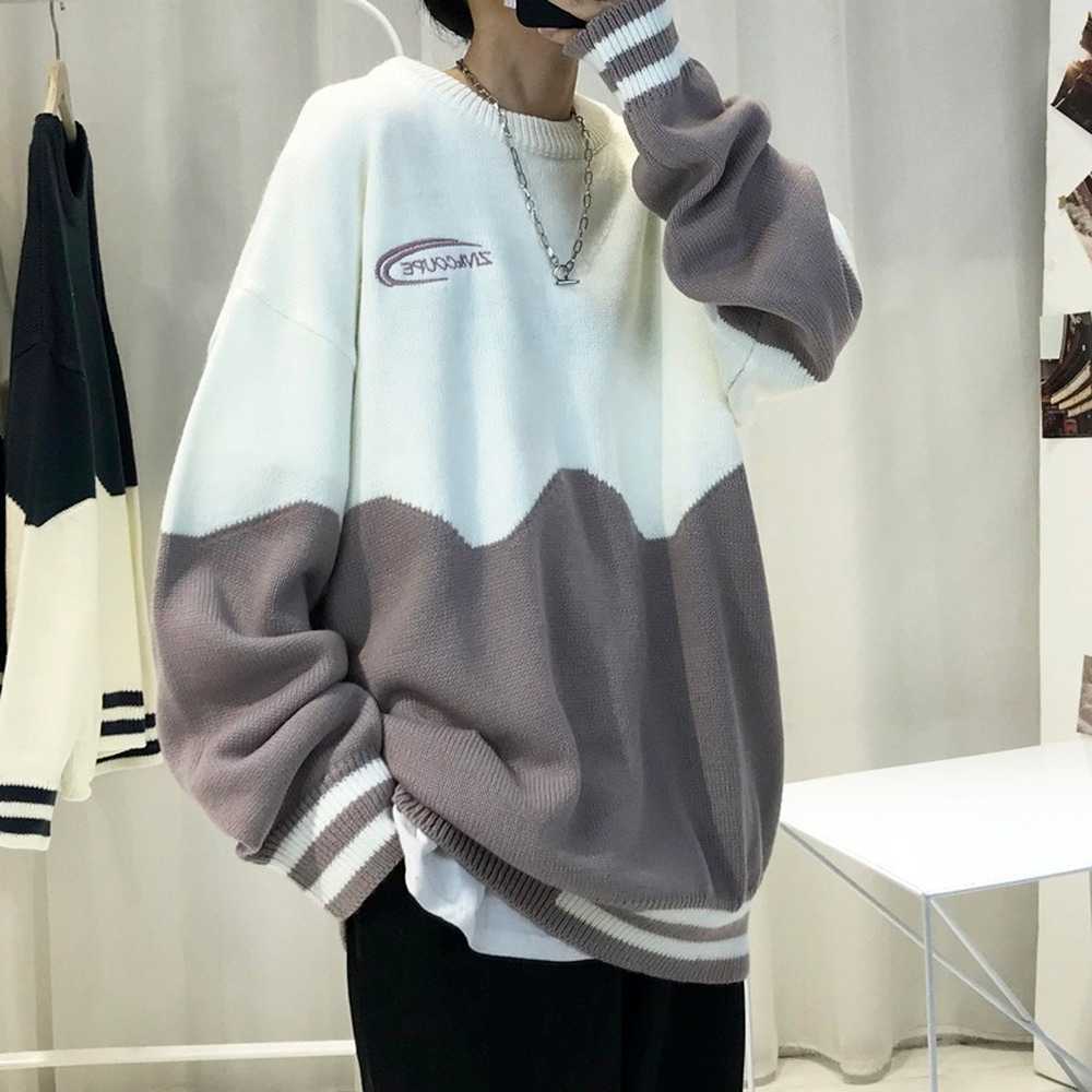 Men Crew Neck Sweaters Oversized Sweater Patchwork Pattern Korean Fashion Streetwear Autumn Winter Clothes For Men Loose Fit Y0907