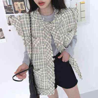 Women's Clothing Autumn Small Fragrant Pearl Buttons Tweed Vest Jacket Loose Fitting Single Breasted Vest 211106