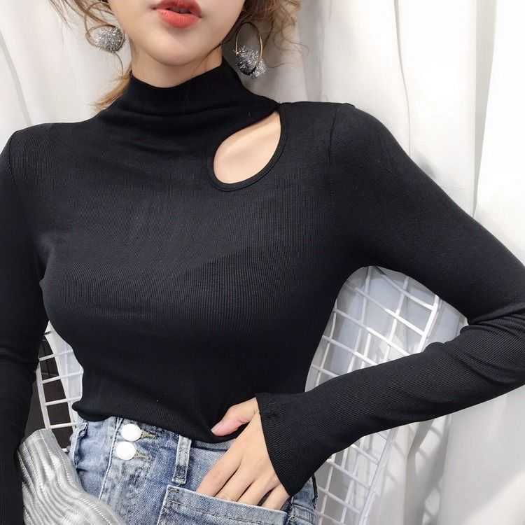 Sexy Open Collarbone Long Sleeve Knit T Shirt Women Casual Turtleneck Red Skinny Hollow Out Basic Tees Autumn Bottom Ladies Tops 210526