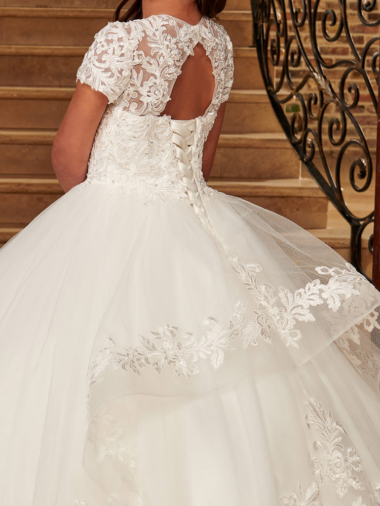 Lovely Flower Girls Dress Ball Gown Crew Short Sleeves Girls' Party Dress Floral Applique with Beads