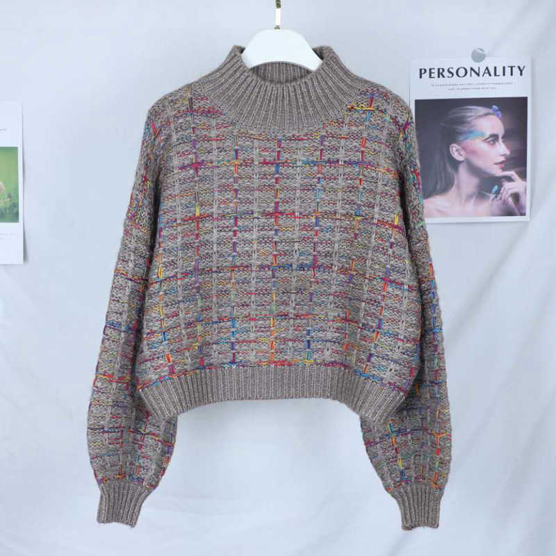 Autumn Winter Plaid Sweater Women Korean Lazy Wind Short Loose Casual Checkered Lantern Sleeve Pullovers Girls 210601