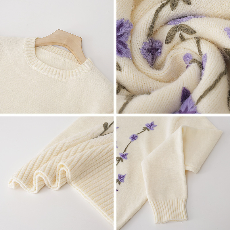 Girly Embroidery Purple Floral Pullover Sweater O-Neck Long Sleeve Fall Winter Loose Pullover C-103 210218