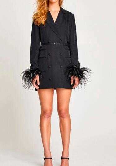 GETSPRING Women Blazer dress elegant Long Black Feather Coats Jacket suit double breasted Bandage outfit Spring autumn 210930