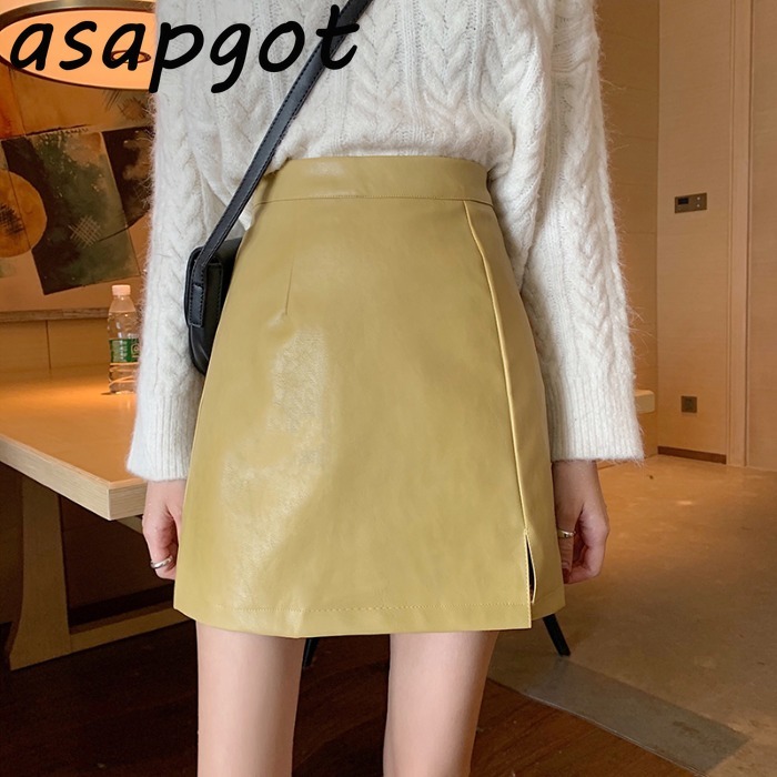Korea Chic Autumn Black PU Leather Skirt Women Mini High Waist A Line Slim Solid Vintage Femme Jupes Street Plus Size Casual 210306