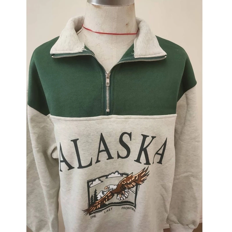 Vintage Hoody Fashion Womens Cotton Stand Collar Half Zipper Alaska Letter Printing Long Sleeve Sweatshirts Casual Loose Hoodies 201217