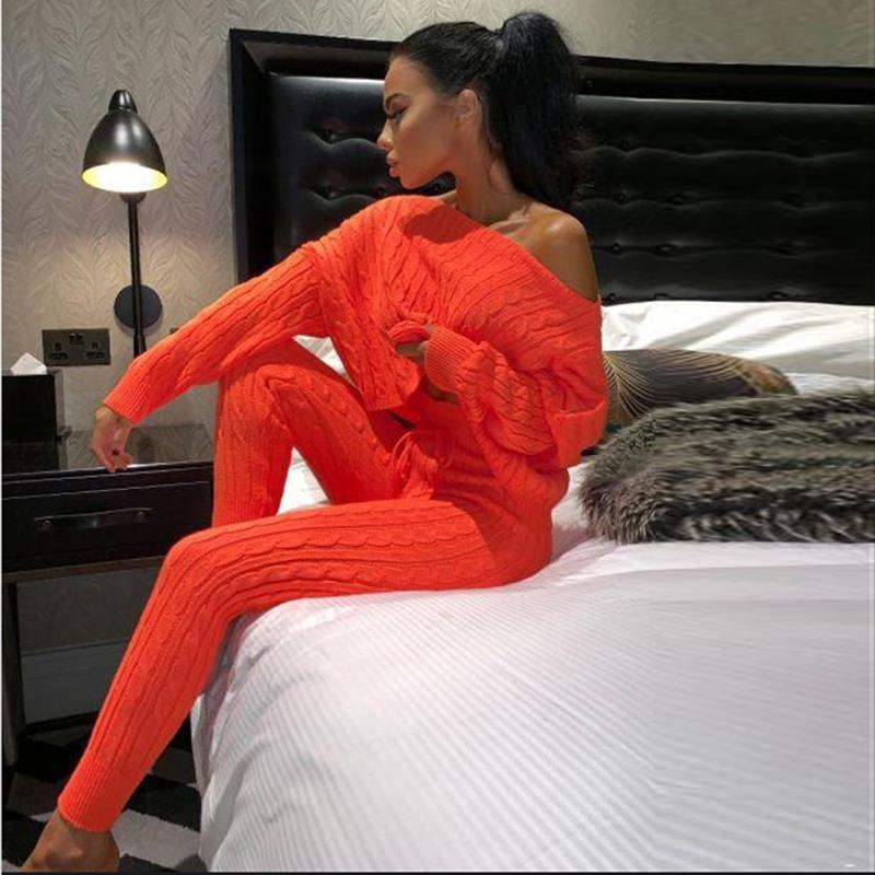Solid Long Sleeve Set Autumn Winter Two Piece Pants Sweater Outfits Sexy Off Shoulder Loose Top Pencil Suit