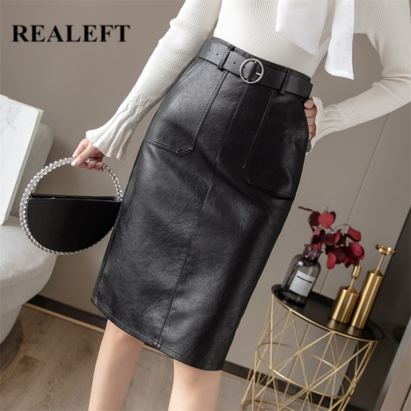 REALEFT Autumn Winter Black PU Leather Elegant Pencil Midi Skirts Pockets High Waist Back Split Sheath Wrap Skirts with Belt 210311