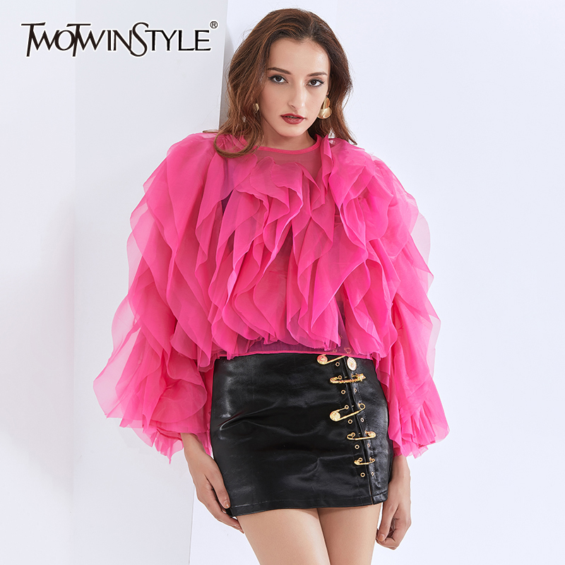 TWOTWINSTYLE Patchwork Ruched Shirt For Women O Neck Lantern Sleeve Casual Elegant Black Blouse Female Fashion New Clothing 210225