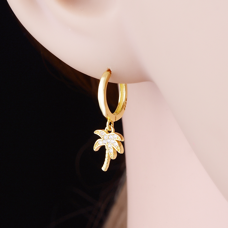 925 Sterling Silver Hoop Earring Women Jewelry Gold Plated Palm Tree Clip Circle Round Earrings Boucle Doreille Femme