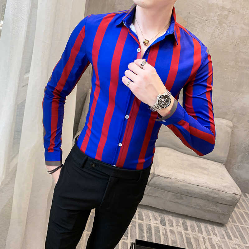 Striped Men's Shirt Dress Business Casual s Long Sleeve Slim Fit Men Autum Tuxedo Social s Male Clothing 210721