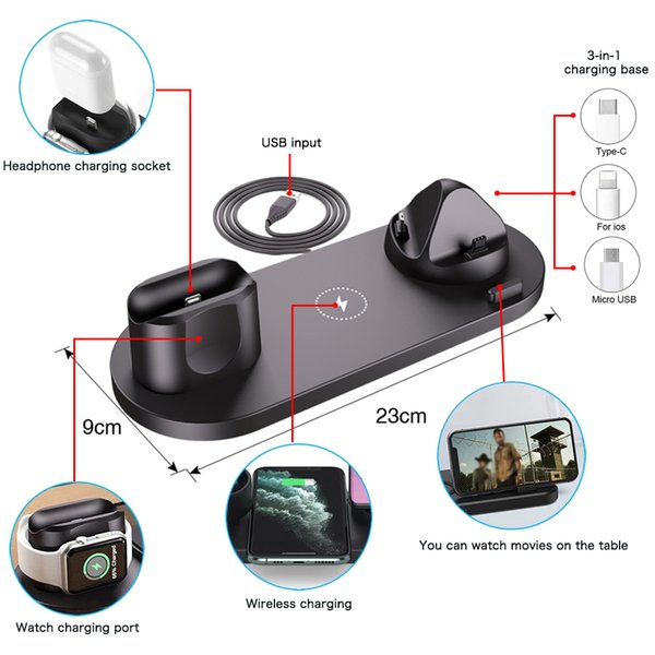 Wholesale NEW 6 in 1 Wireless Charger For Apple Watch 6 5 4 3 iPhone 12 11 X XS XR 8 Airpods Pro Samsung Xiaomi 10W Qi Fast Charging Stand