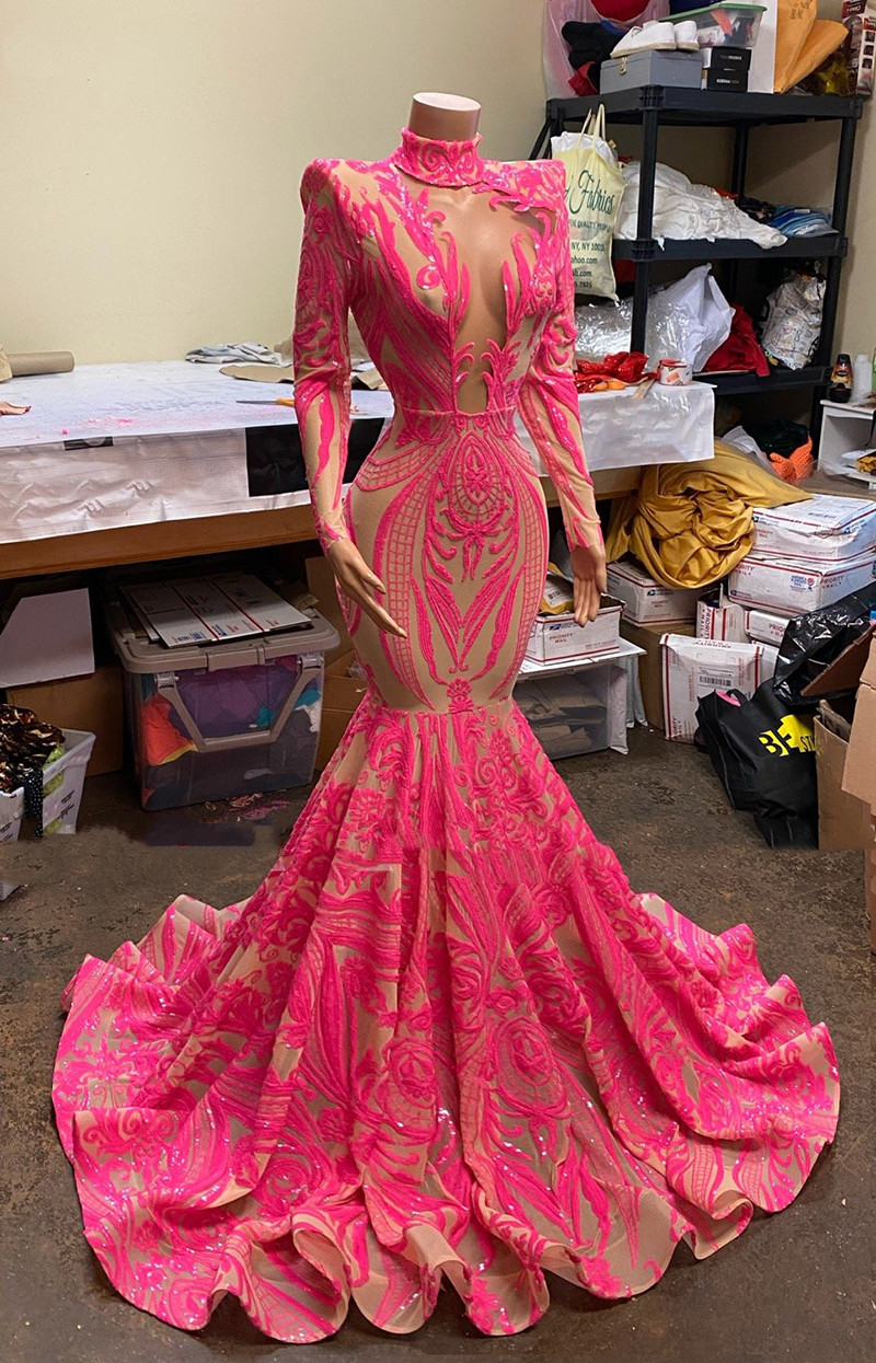Fuchsia Shiny Mermaid Prom Dresses Sparkly Sequin Lace long Sleeve Illusion Mesh Cutout African Girl Evening Gown Robe De Soiree