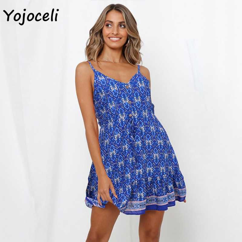 Yojoceli spring summer boho beach print dres button front sun mini female vestidos 210609