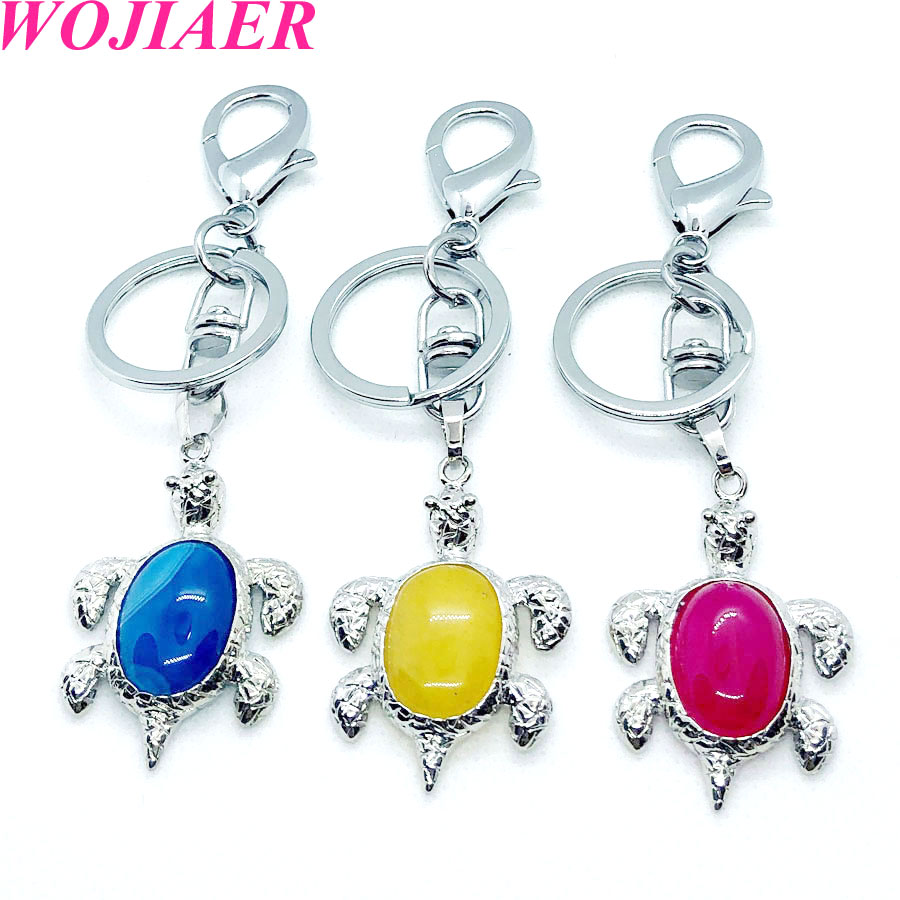 WOJIAER Natural Crystal Stone Turtle Pendant Car Key for Ladies Men Bag Decoration Keyrings Buckle Holder Christmas Gift BW913