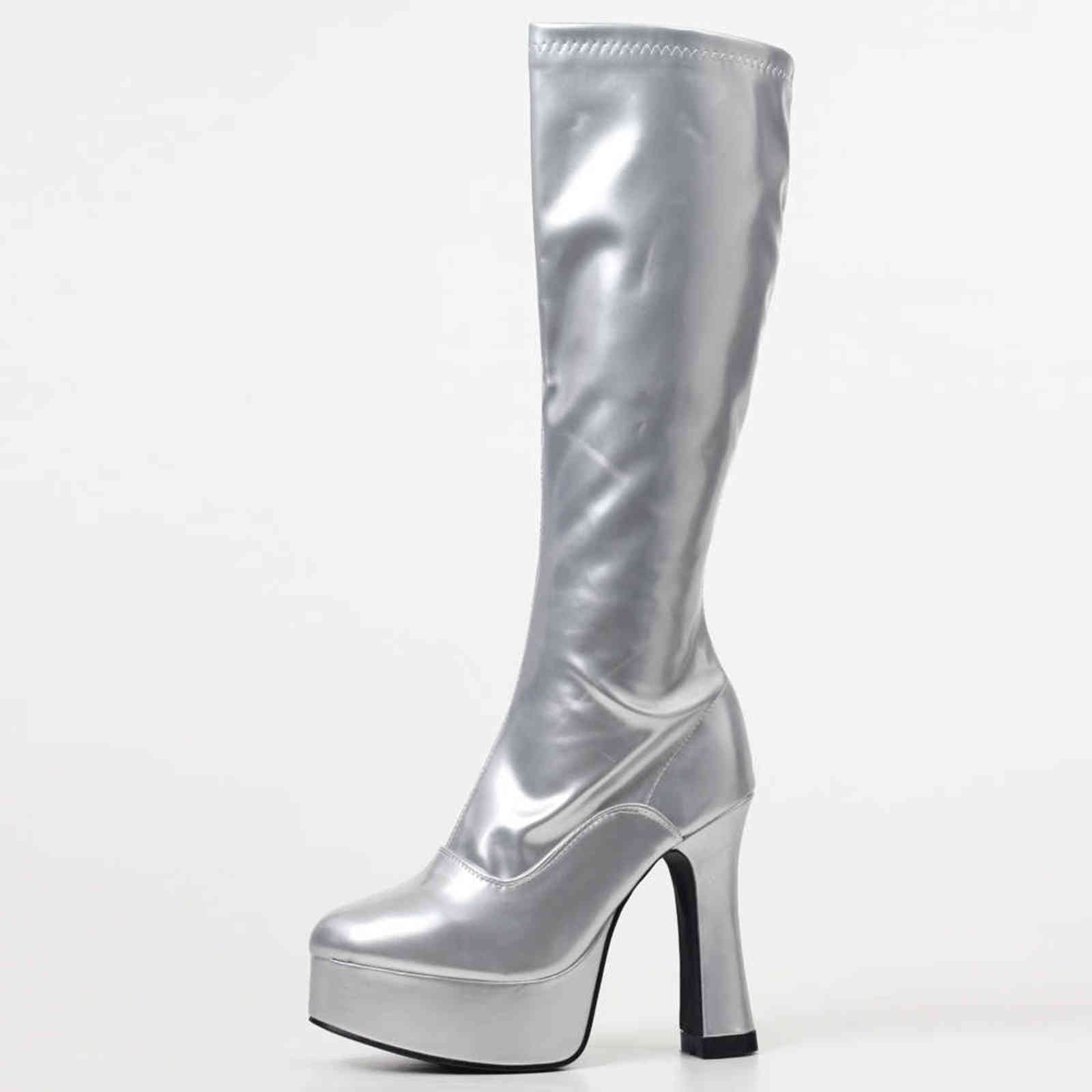 JIALUOWEI New Fashion Women FUNTASMA 4" Chunky Heel Platform GOGO Boot Knee High Boot sexy Leather Shoes Western Style H1102