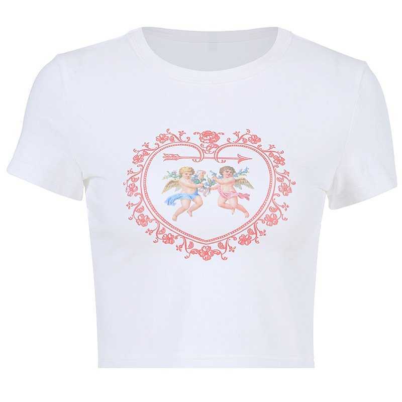 Yedinas Summer Sweet Love Angel Print T Shirts Women Sexy Slim Crop Tops 100% Cotton European Style Short Sleeve Tee Streetwear 210527