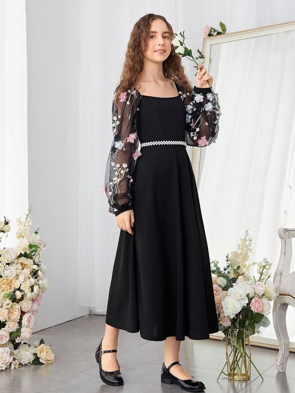 Teen Girls Floral Embroidery Mesh Panel Appliques Dress Without Belt SHE