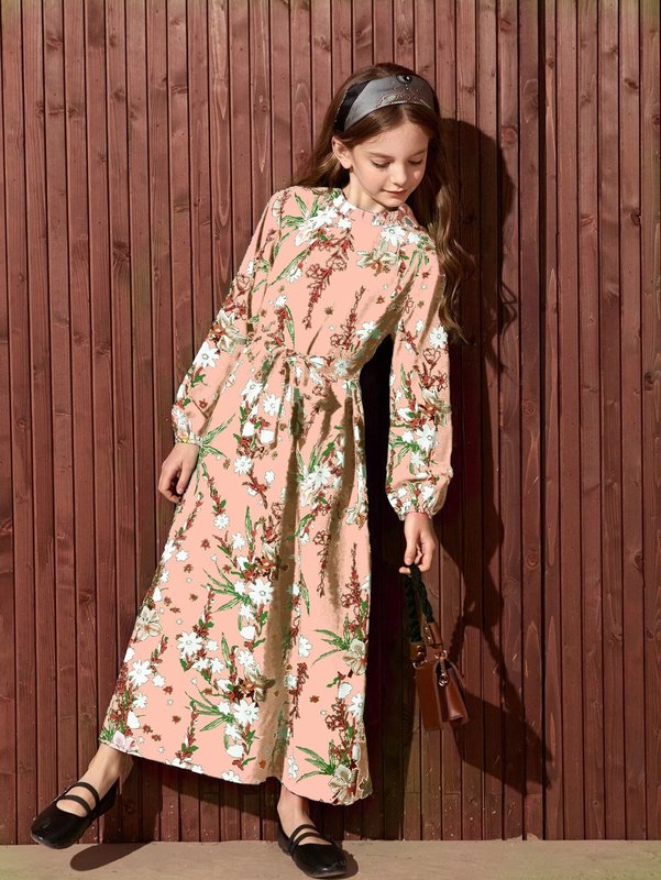 Girls Floral Print Lantern Sleeve Belted Dress SHE
