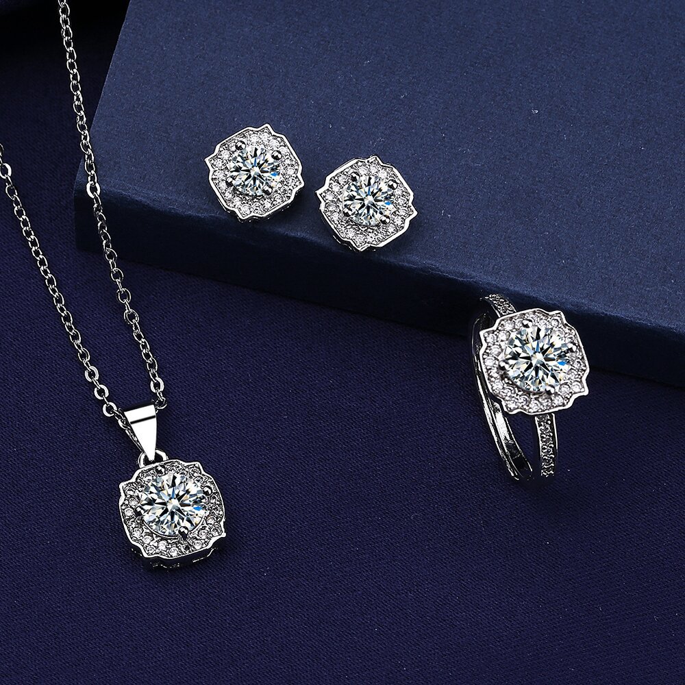 Elegant Lab Diamond Jewelry set 925 Sterling Silver Party Wedding Rings Earrings Necklace For Women Promise Moissanite Jewelry
