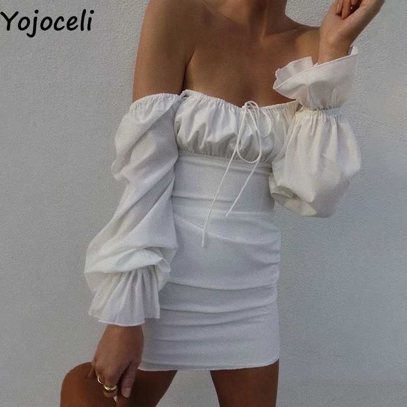 Yojoceli Sexy elegant off shoulder white dres Autumn casual cool short Daily bodycon vestidos 210609