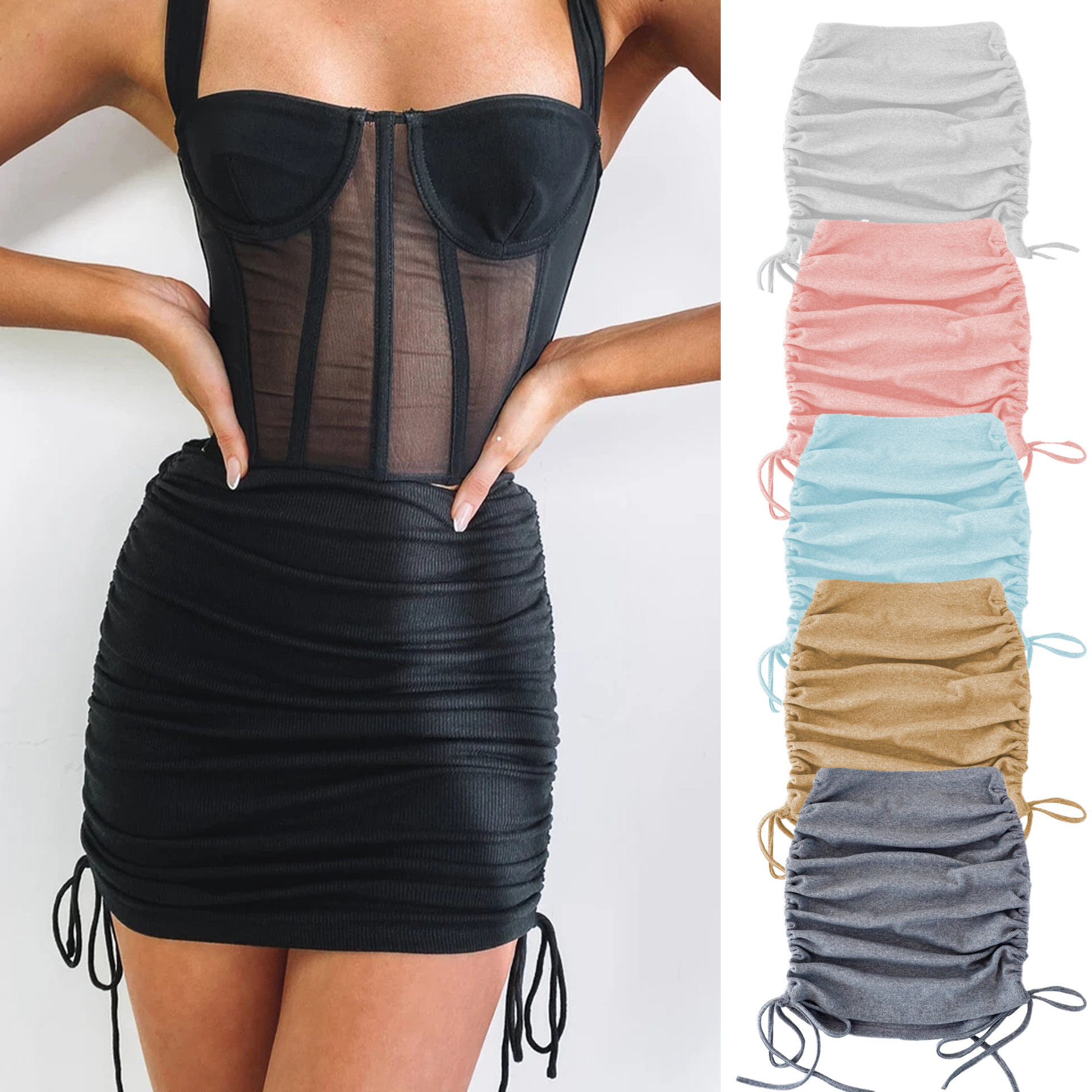 Fashion Sexy Knitted Thread Bag Hip Skirt Slim Side Drawstring Elastic Pleated Adjustable Skirt Autumn Women's Clothing 210306