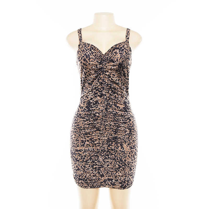WOMENGAGA V Neck Low Chest Sexy Fashion Wide Shoulder Strapless Leopard Fold Show Thin Temperament Mini Dress HKST 210603