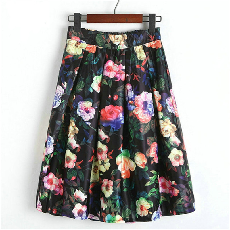 Neophil Fashion Tropical Floral Print High Waist Fluffy Pleated Saias Flare Satin Tutu Midi Skater Skirts Womens S07047 210306