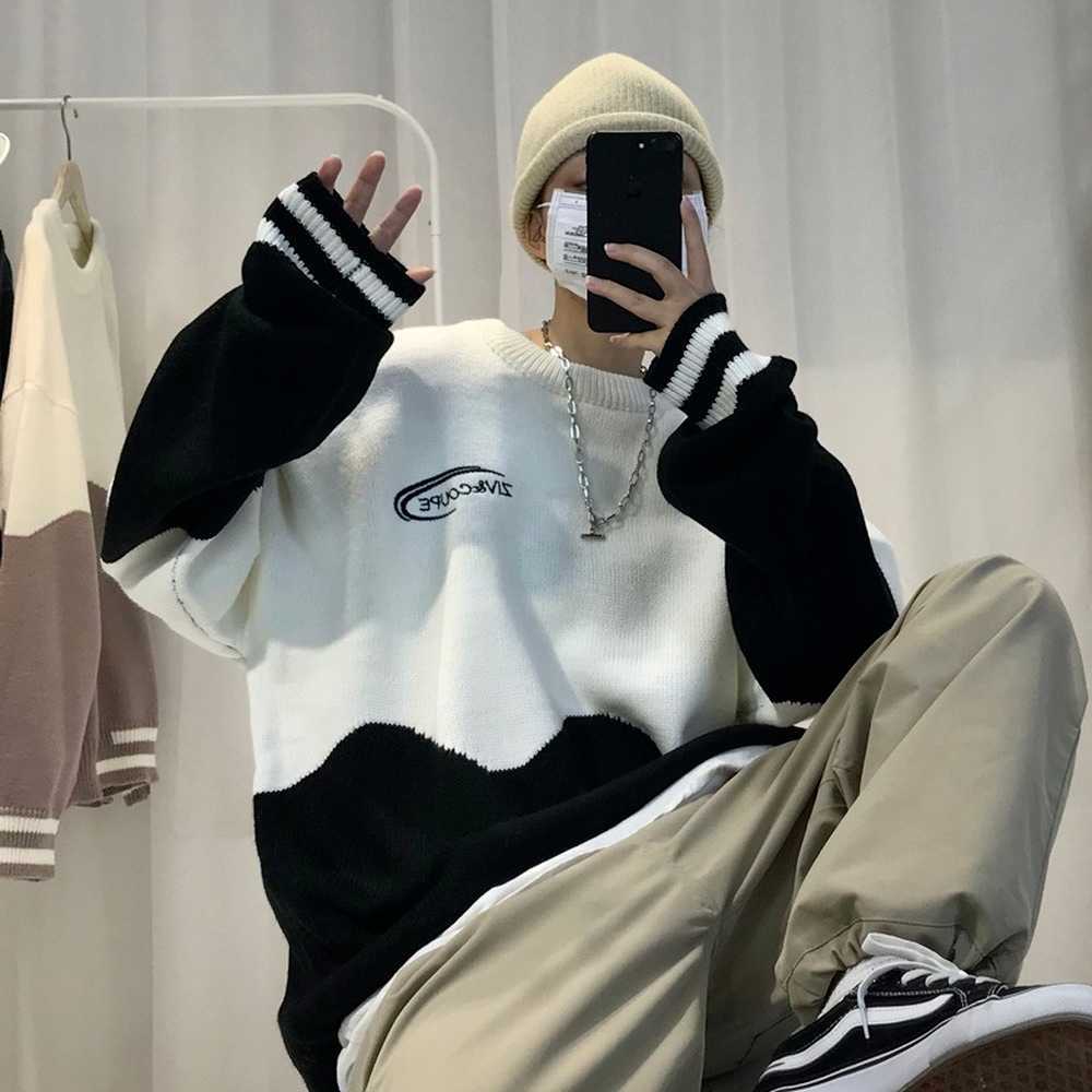 Men Crew Neck Sweaters Oversized Sweater Patchwork Pattern Korean Fashion Streetwear Autumn Winter Clothes For Men Loose Fit Y0907