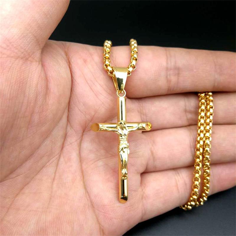 Pendant Necklaces Men Boys Jesus Cross Necklace Stainless Steel Gold Silver Color Box Chain Religious Christian Jewelry Gifts
