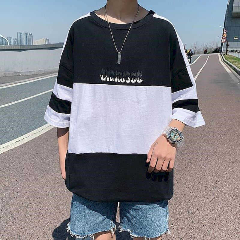Cotton summer stitching short-sleeved t-shirt male students Korean loose trend youth clothes five-point sleeve men's clothing 210526