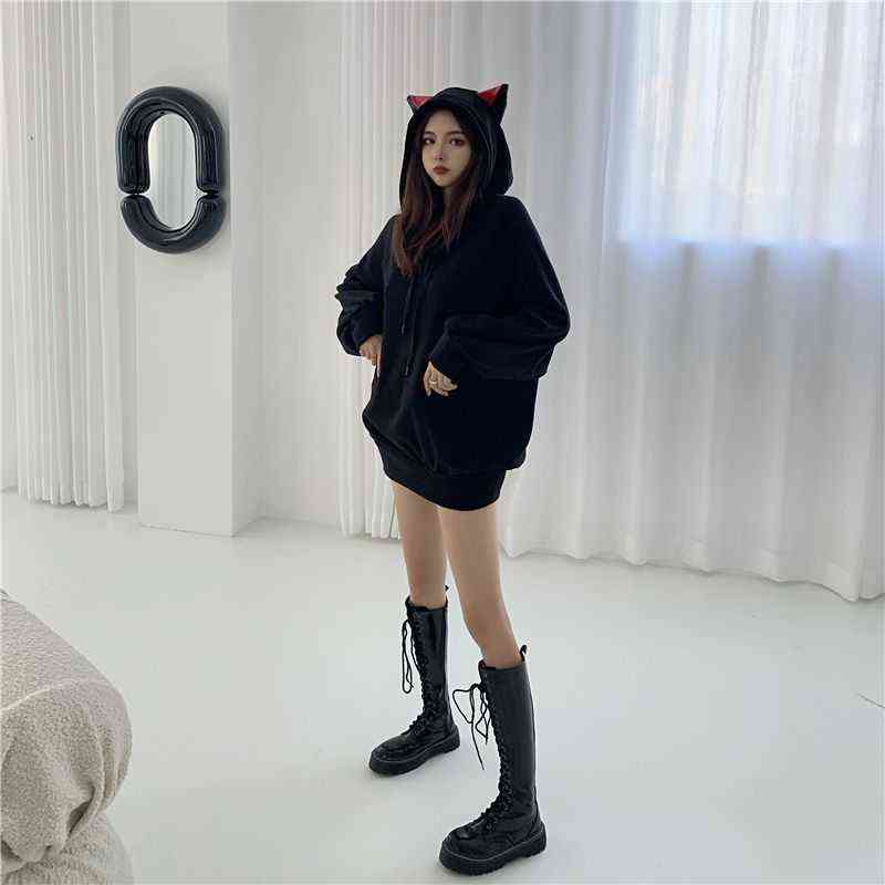 Cat ear Sweatshirt women's fashion Plush autumn and winter clothes Korean loose hooded jacket medium length womens winter tops 211109