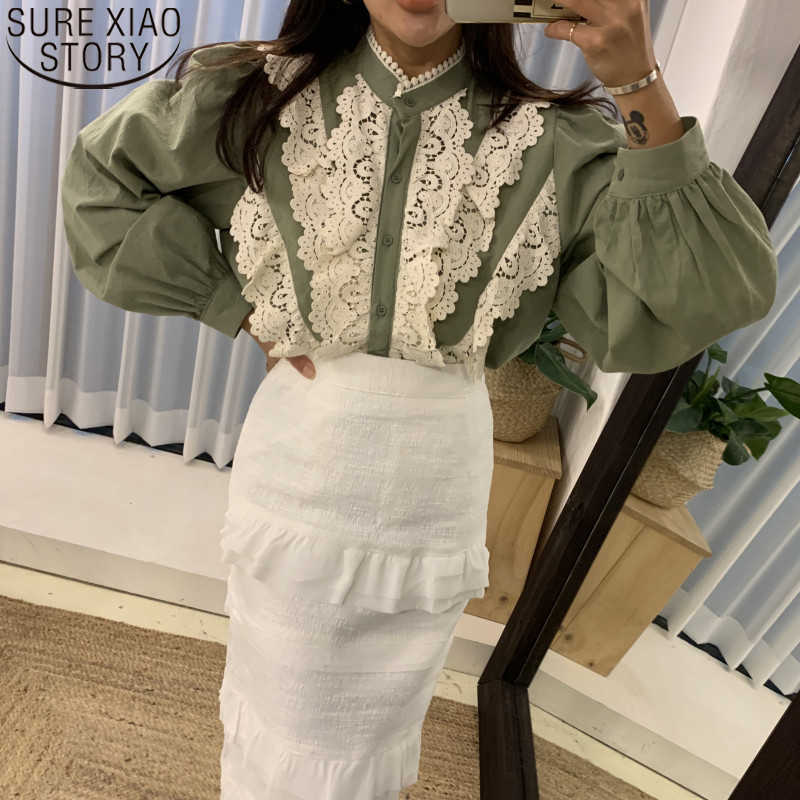 Spring Korean Office Blouse Fashion Women Lace Tops Shirts Sweet Temperament Blouse Stand Collar Lantern Sleeve Shirt 12797 210527, Green
Spring Korean Office Blouse Fashion Women Lace Tops Shirts Sweet Temperament Blouse Stand Collar Lantern Sleeve Shirt 12797 210527, Green