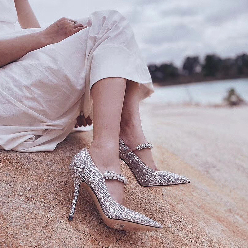 2021 Hot Sale Woman London Baily 100mm Pumps Calf Leather Goat Skin Crystal Jimmy Metal Heels Choo Strap Bailey Pearl Crystal Wedding Shoes
