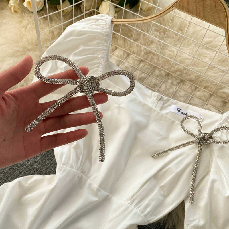 Women Fashion Square Neck Short-sleeved Water Drill Bow Draw Rope Pleated Package Hip Mini Dress Solid Color Vestidos R861 210527