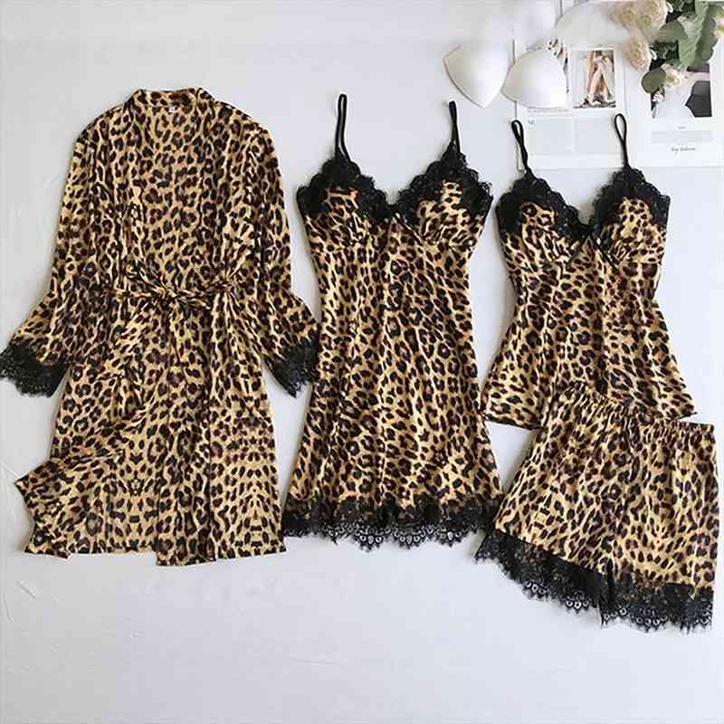 Women Leopard Print Pajamas Sets Satin Sleepwear Silk 4 Pieces Nightwear Pyjama Lace Sleep Lounge Pijama Robe Sets, Black;red
Women Leopard Print Pajamas Sets Satin Sleepwear Silk 4 Pieces Nightwear Pyjama Lace Sleep Lounge Pijama Robe Sets, Black;red