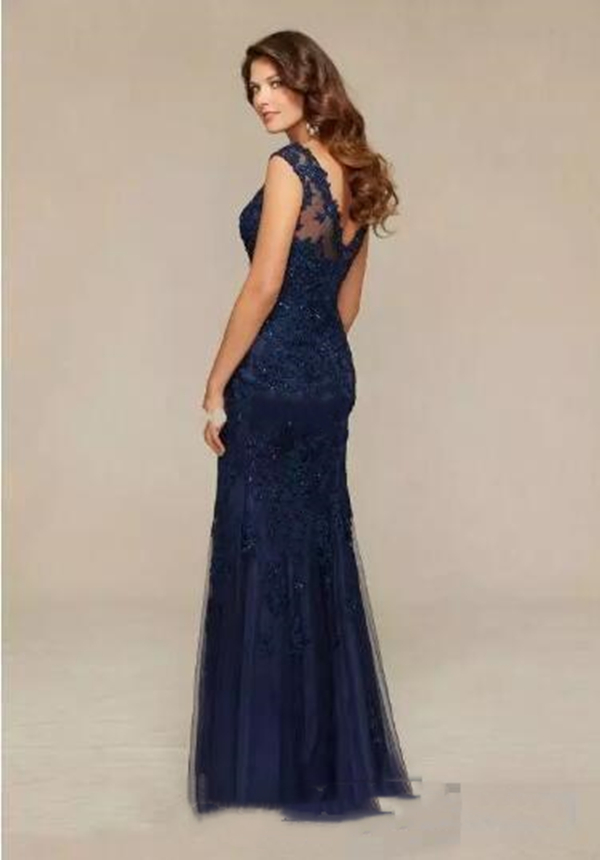 Elegant Dark Navy Mermaid Mother Of The Bride Groom Dresses Appliques Lace Beads Scoop Neck Sleeveless Long Wedding Guest Dress Evening Formal Gowns 2
