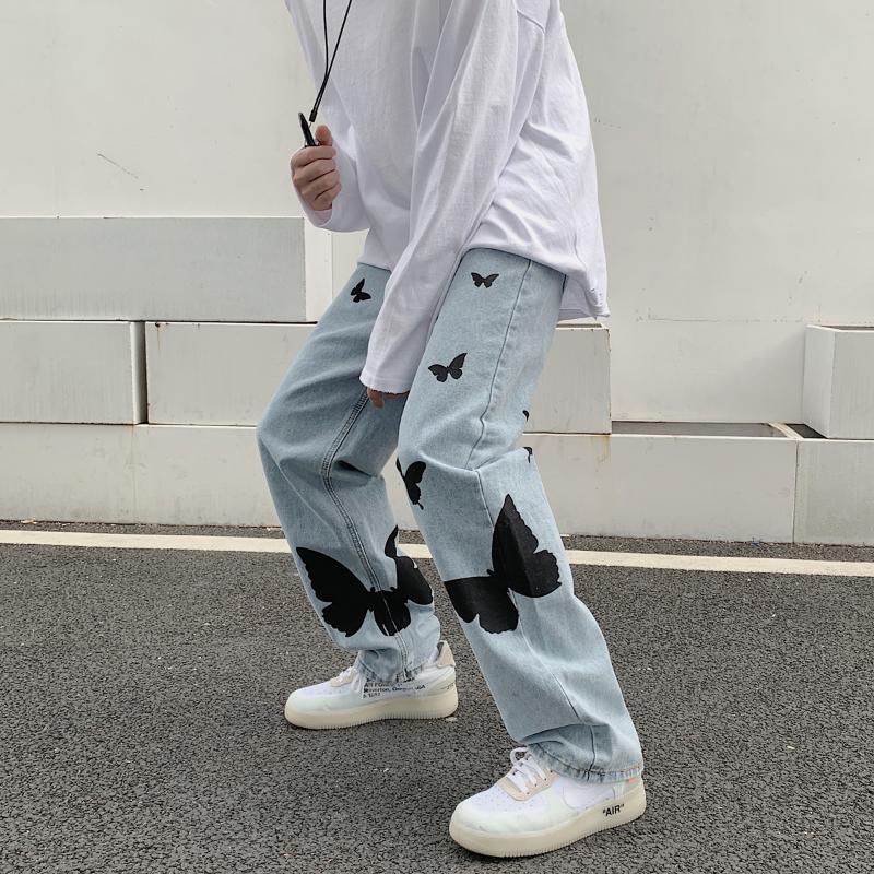Men's Jeans Brand Clothing Male High Quality Printed Jeans/Mens Loose Butterfly Print Casual Jeans/femininity Hip-hop Style Trousers