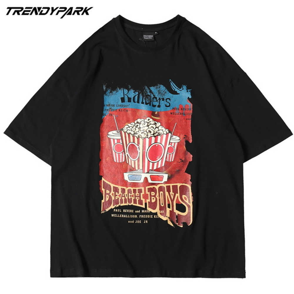 Men's Hip Hop T-Shirt Streetwear Harajuku Popcorn Print T Shirt Cotton Casual Short Sleeve Tshirt Black Shirt Oversized Top Tee 210601