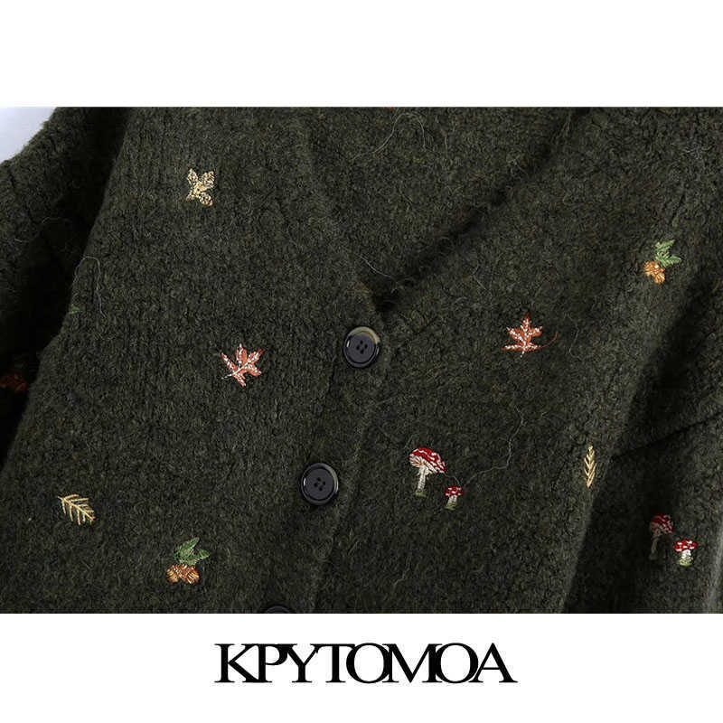KPYTOMOA Women Fashion Floral Embroidery Knitted Cardigan Sweater Vintage Long Sleeve Button-up Female Outerwear Chic Tops 210918