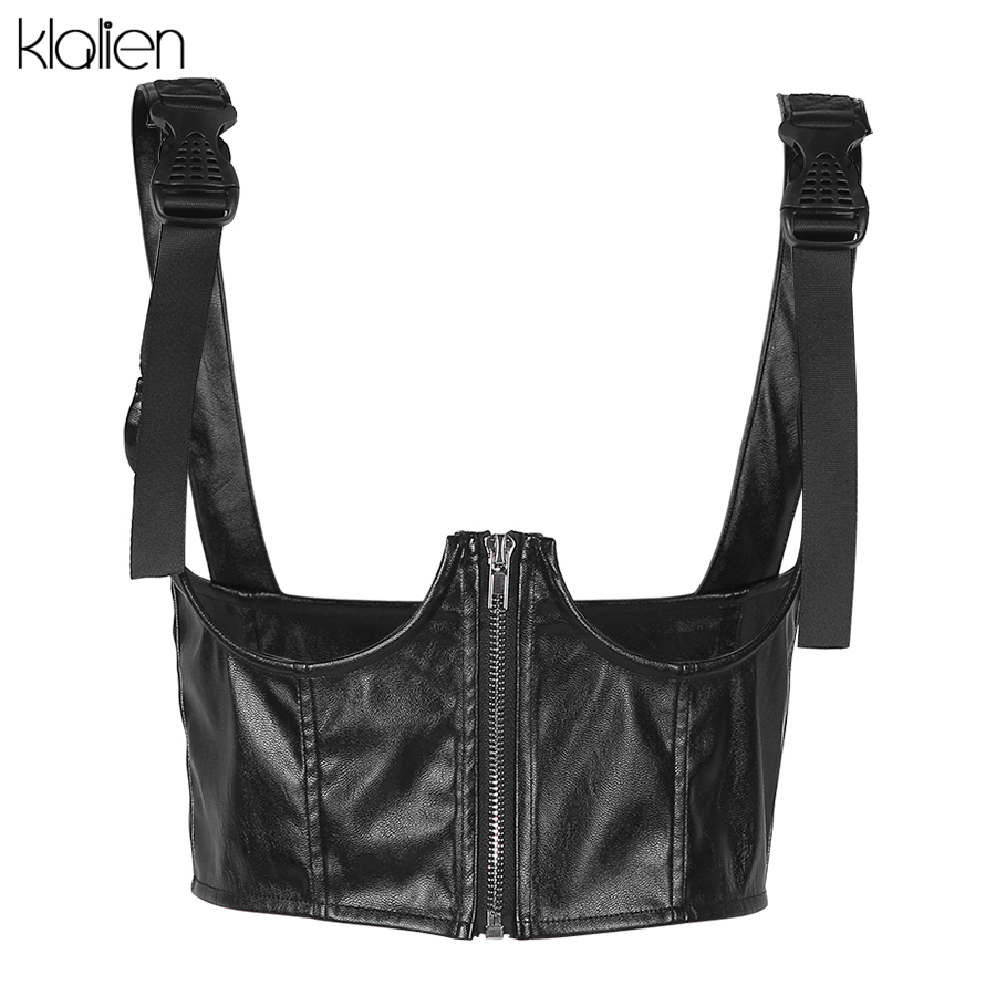 KLALIEN black basic Punk print crop tops womens tank tops summer wild casual Leather camisole mujer stretch Slim decoration 201028